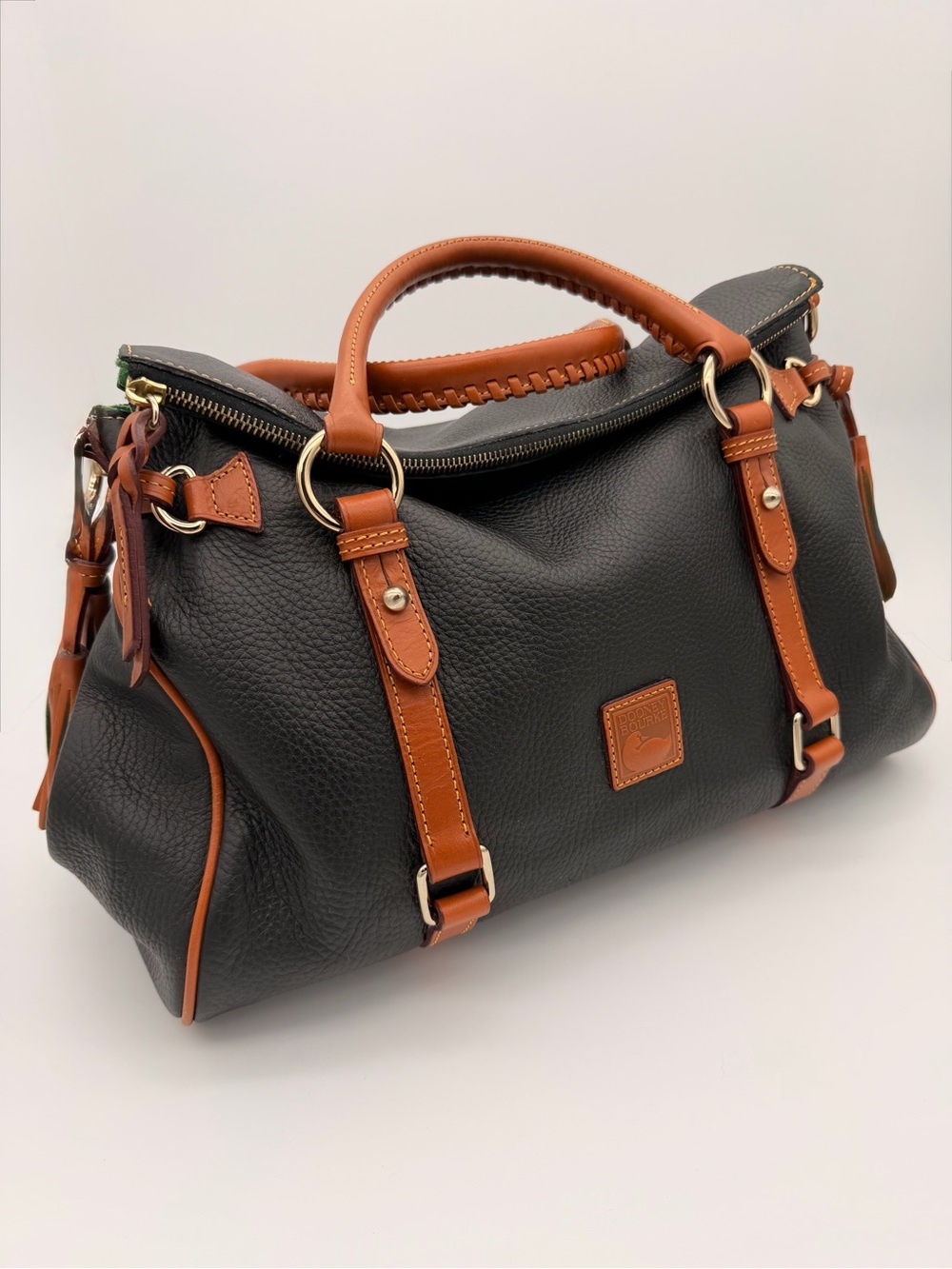 Dooney & Bourke Black Pebbled Leather Florentine Medium Satchel with Brown Trim